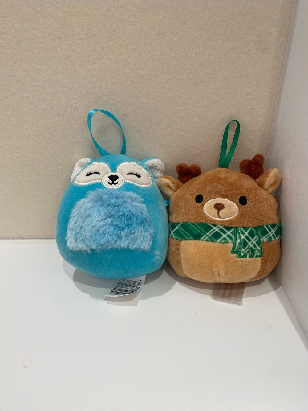 Set of 2 - Squishmallows - 4” Blue Plush Owl Ornament & Brown Reindeer Plush